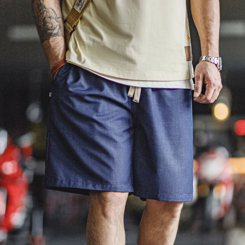 Retro Washed Denim Shorts – Men’s Loose Fit Tencel-Blend with Elastic Waist